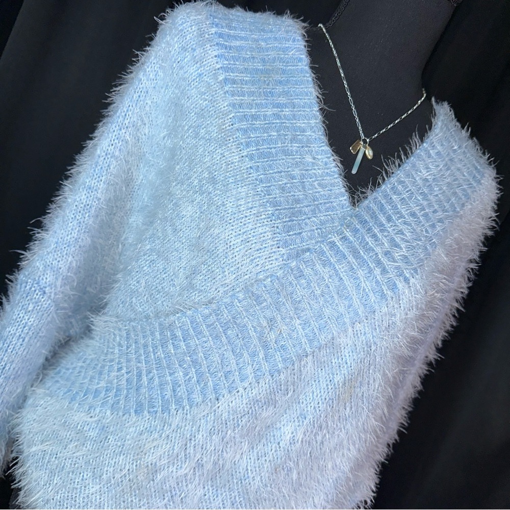 Fashion On Earth Faux Large Wrap Fuzzy Blue Bow Tie Back Super Soft Sweater Top